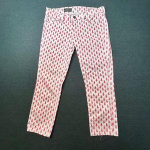 J. Crew Women Cropped Matchstick Pants, Sz 29 White w/ Pink Tulip Novelty Print